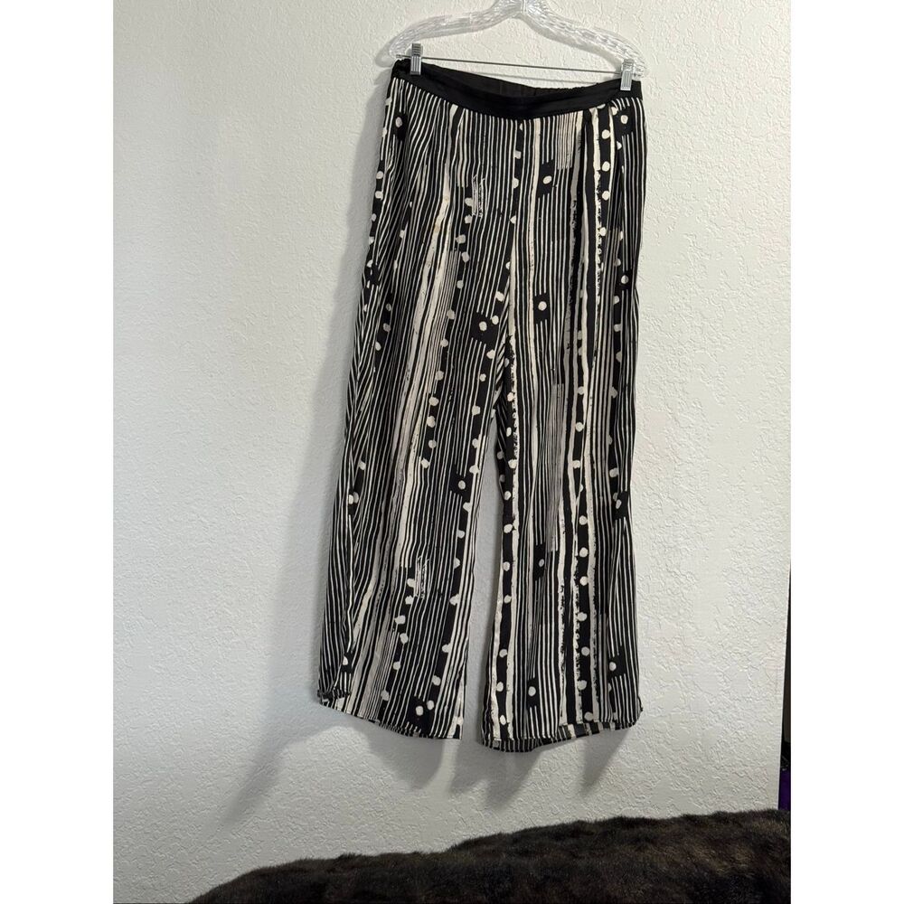 Anthropologie Elevenses Black & White Print Satin Wide Leg Pant Size M